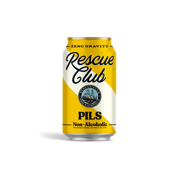 Can of rescue club brewing non alcoholic pilsner