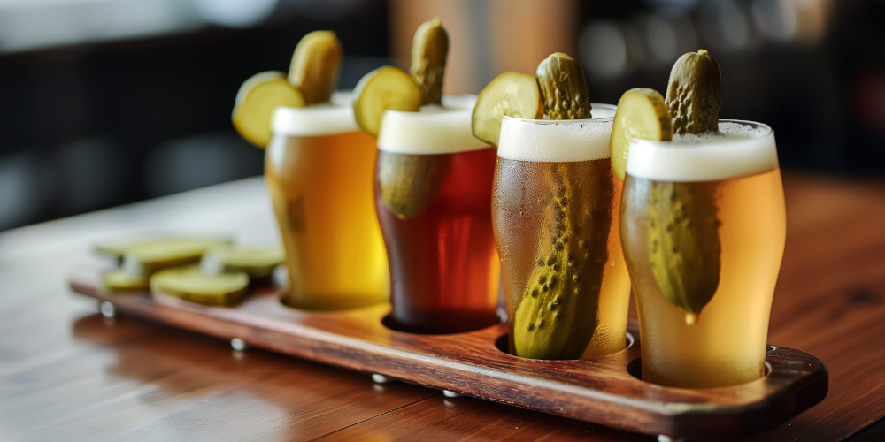 a flight of na beer garnished with pickles