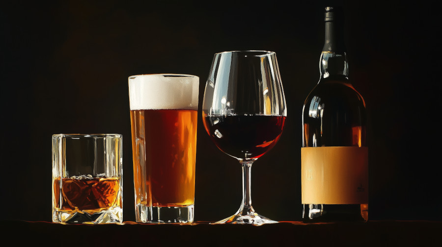 a lineup of non-alcoholic beer wine and whiskey glasses