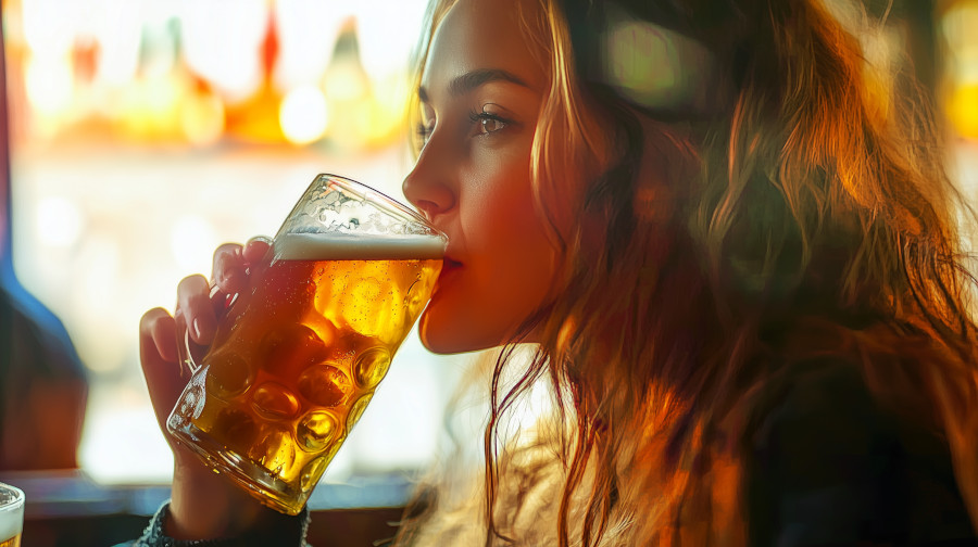 photo of a woman drinking a glass of non-alcoholic beer