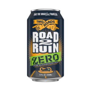 a can of road 2 ruin zero non-alcoholic beer by two roads brewing company