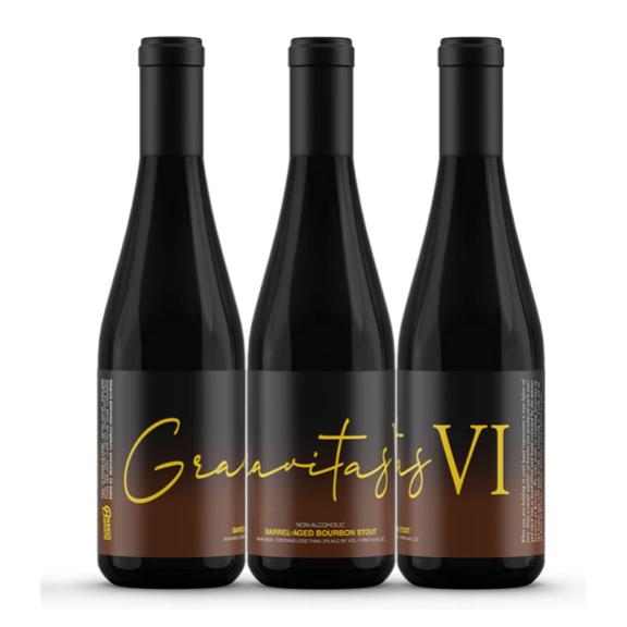 bottles of gravitas VI barrel aged bourbon stout non-alcoholic beer