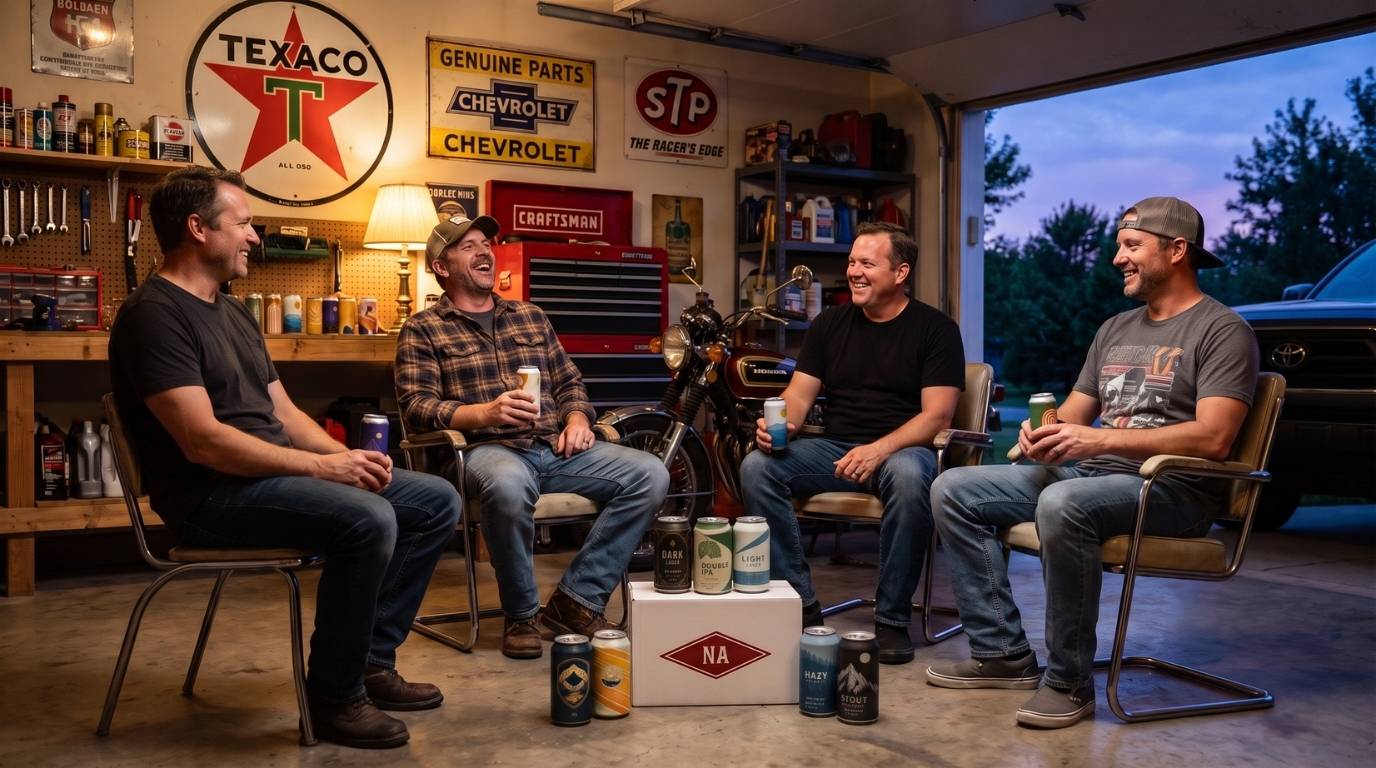 Friends drinking NA beer club cans in the garage