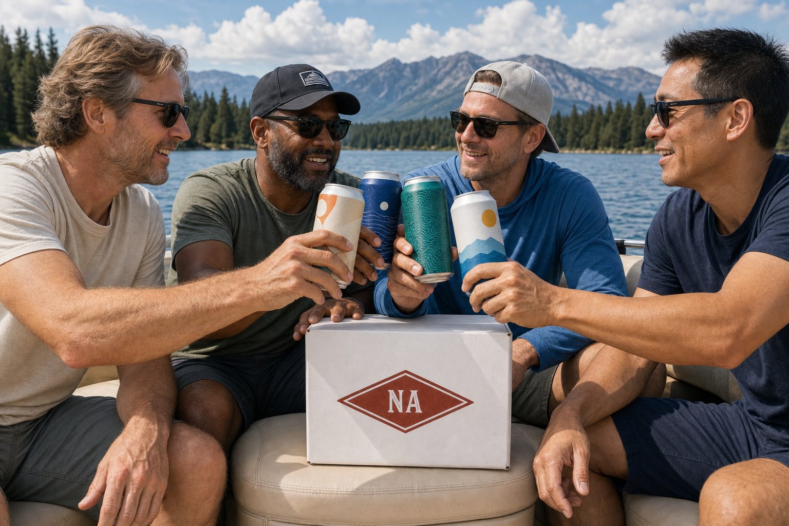 Friends toasting with non-alcoholic craft beers from an NA Beer Club box on a boat