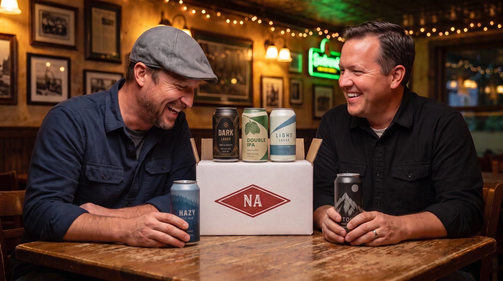 Two friends sharing non-alcoholic beers from an NA Beer Club gift box at a pub
