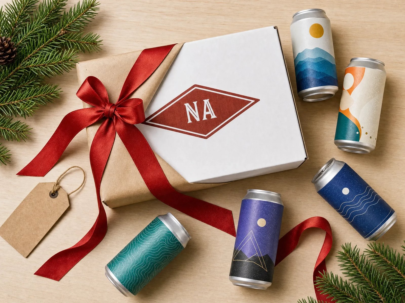 NA beer gift box wrapped with a red ribbon next to craft non-alcoholic beer cans